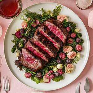 Gourmet Mother's Day dinner with Wagyu steak, captured from above, set on a pink tablecloth with delicate floral arrangements, emphasizing elegance and taste.