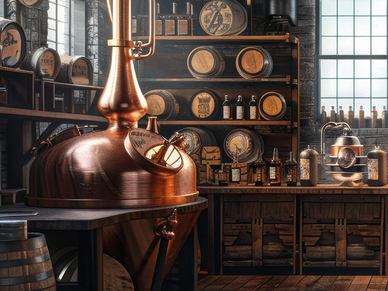 Crafting Artisanal Spirits Rustic Distillery Scene with Blank Bu