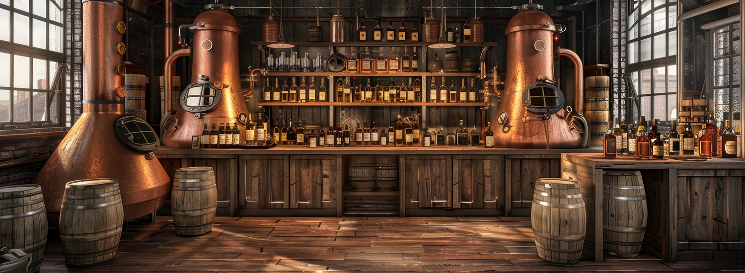 Crafting Artisanal Spirits Rustic Distillery Scene with Blank Bu