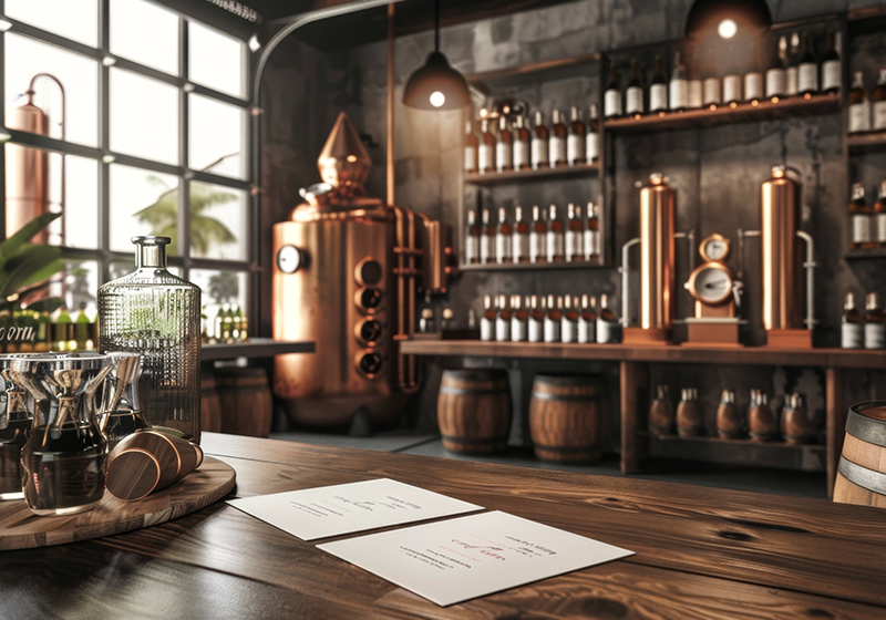 Artisanal Distillery Tasting Room Business Cards Oak Barrels and Craft Spirits Samples
